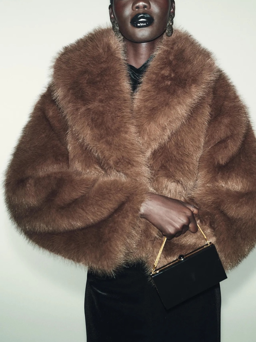 Zara Faux Fur Cropped Coat Chocolate Brown Voluminous Jacket Cozy M